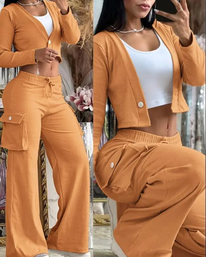 CITSLX Two Piece Sets Womens Outifits Fashion and Elegant Autumn Casual Cardigan Long Sleeve short top Big Pocket Cargo pants Sets 2024