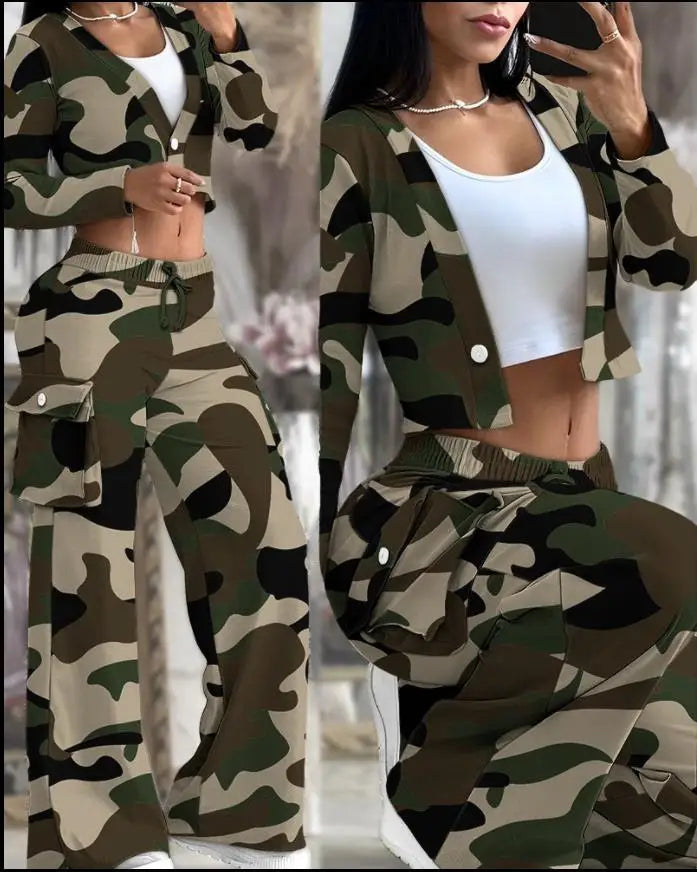 CITSLX Two Piece Sets Womens Outifits Fashion and Elegant Autumn Casual Cardigan Long Sleeve short top Big Pocket Cargo pants Sets 2024