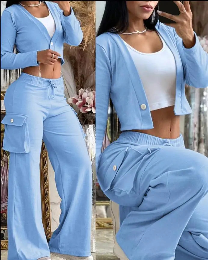 CITSLX Two Piece Sets Womens Outifits Fashion and Elegant Autumn Casual Cardigan Long Sleeve short top Big Pocket Cargo pants Sets 2024