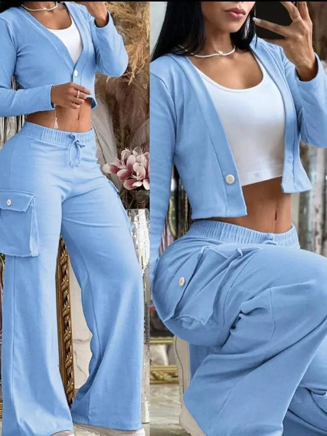 CITSLX Two Piece Sets Womens Outifits Fashion and Elegant Autumn Casual Cardigan Long Sleeve short top Big Pocket Cargo pants Sets 2024