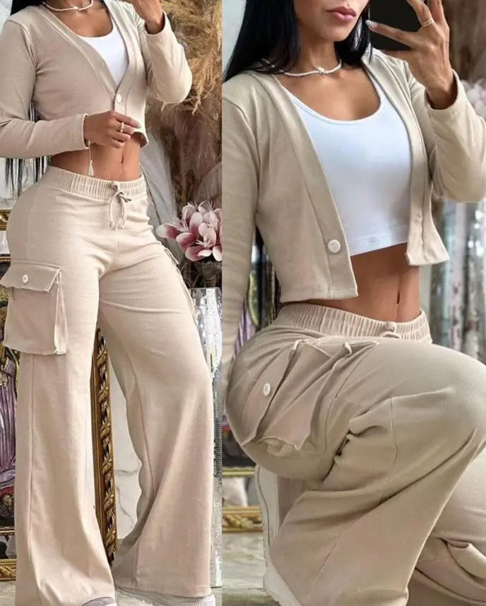 CITSLX Two Piece Sets Womens Outifits Fashion and Elegant Autumn Casual Cardigan Long Sleeve short top Big Pocket Cargo pants Sets 2024