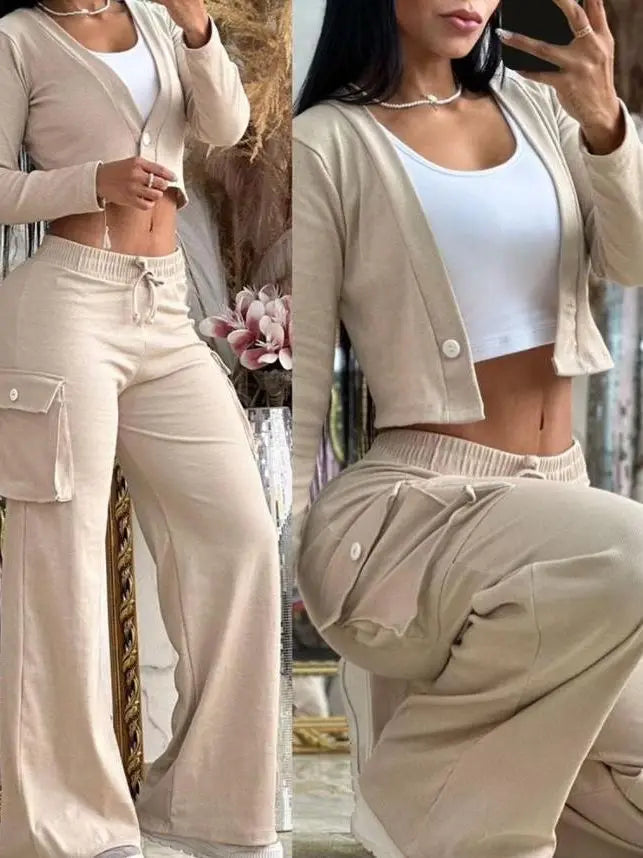 CITSLX Two Piece Sets Womens Outifits Fashion and Elegant Autumn Casual Cardigan Long Sleeve short top Big Pocket Cargo pants Sets 2024