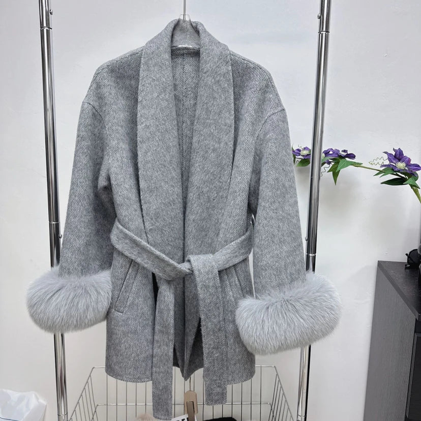 CITSLX UCXQ Elegant OL Office Lady Overcoats Fur Patchwork Long Sleeve Woolen Coat Beautiful Women's Clothing Jacket Autumn 2024 Spring