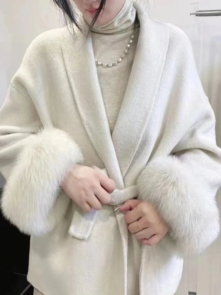 CITSLX UCXQ Elegant OL Office Lady Overcoats Fur Patchwork Long Sleeve Woolen Coat Beautiful Women's Clothing Jacket Autumn 2024 Spring