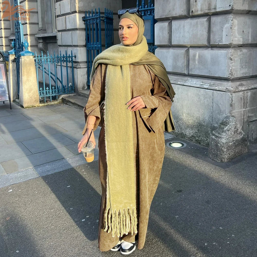 CITSLX Uni Muslim Autumn Winter Corduroy Modest Abaya Turkish Islamic Clothing Jalabiyat Long Sleeve Casual Loose Moroccan Kaftan