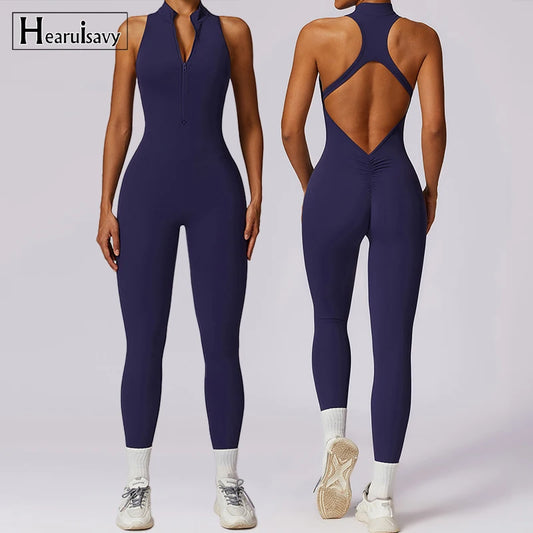 CITSLX V Back One-piece Suit Women Sports Jumpsuit  Zippers Yoga Rompers Backless Sportswear Women Sleeveles Workout Bodysuits Female