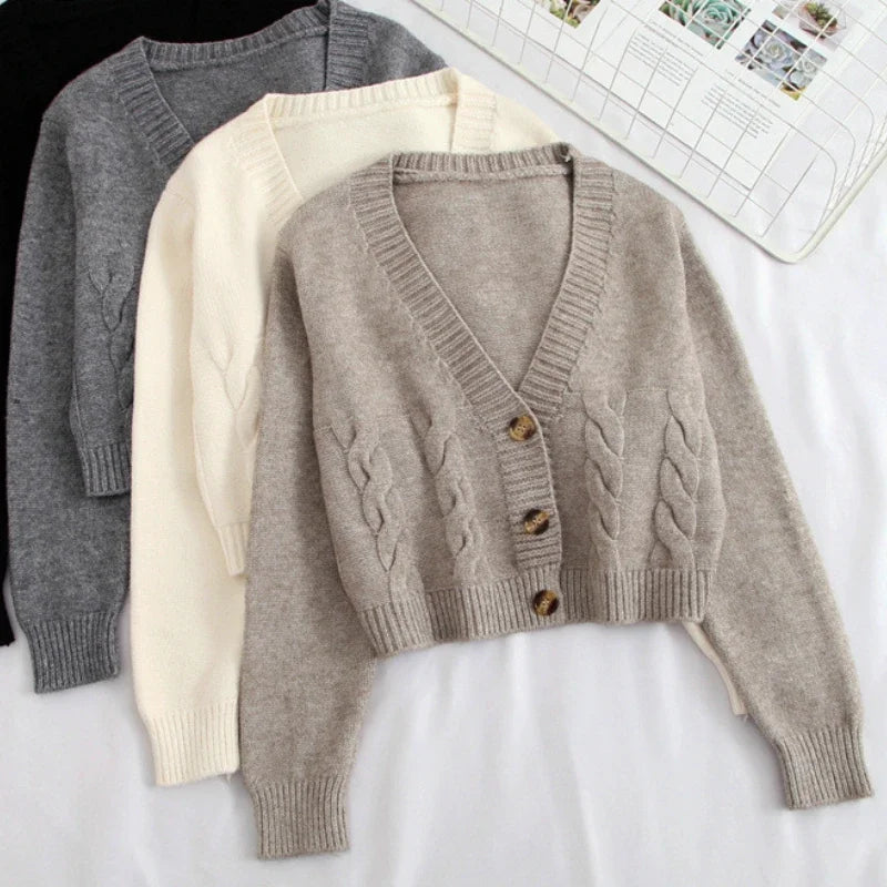 CITSLX V Neck Cropped Cardigan Women Long Sleeve Twist Knitted Sweater Coats Autumn Winter Keep Warm Korean Fashion Jacket Cardigan