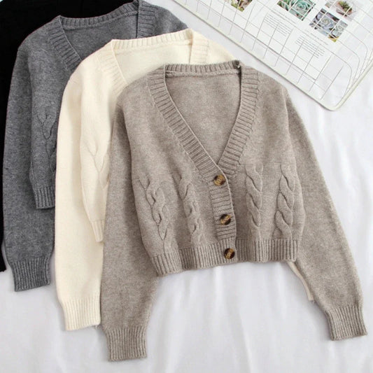 CITSLX V Neck Cropped Cardigan Women Long Sleeve Twist Knitted Sweater Coats Autumn Winter Keep Warm Korean Fashion Jacket Cardigan