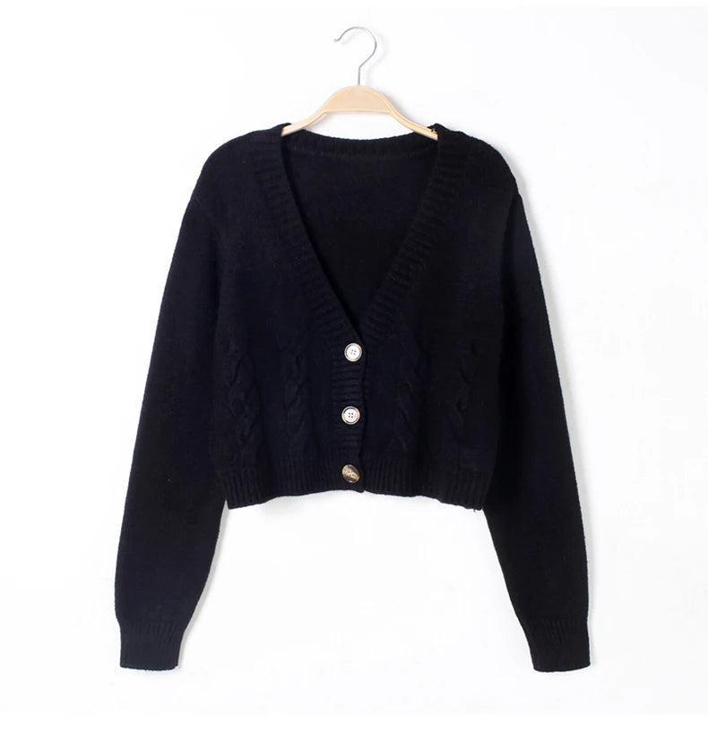 CITSLX V Neck Cropped Cardigan Women Long Sleeve Twist Knitted Sweater Coats Autumn Winter Keep Warm Korean Fashion Jacket Cardigan