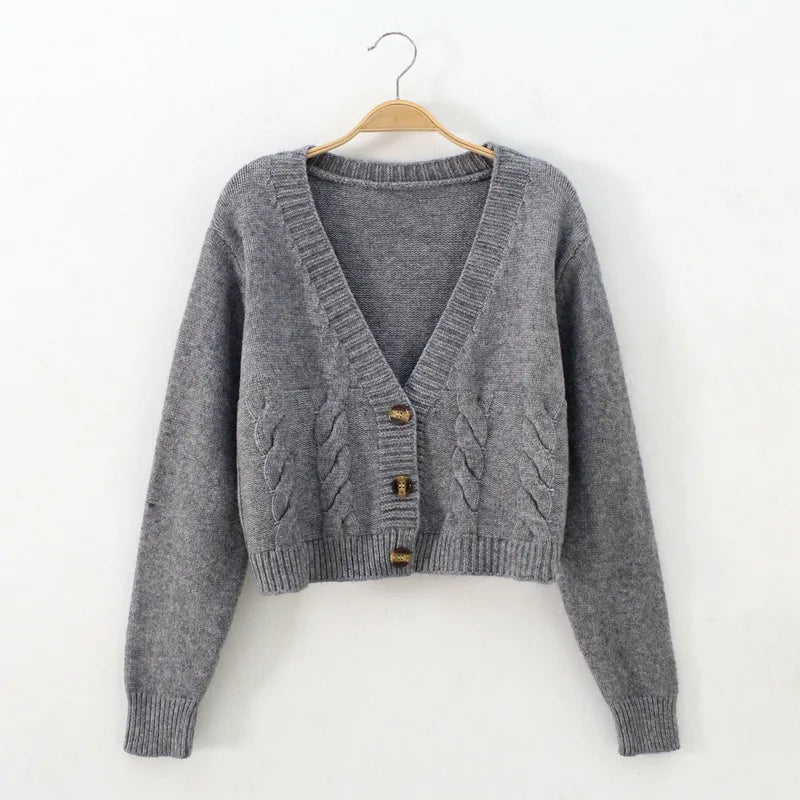 CITSLX V Neck Cropped Cardigan Women Long Sleeve Twist Knitted Sweater Coats Autumn Winter Keep Warm Korean Fashion Jacket Cardigan