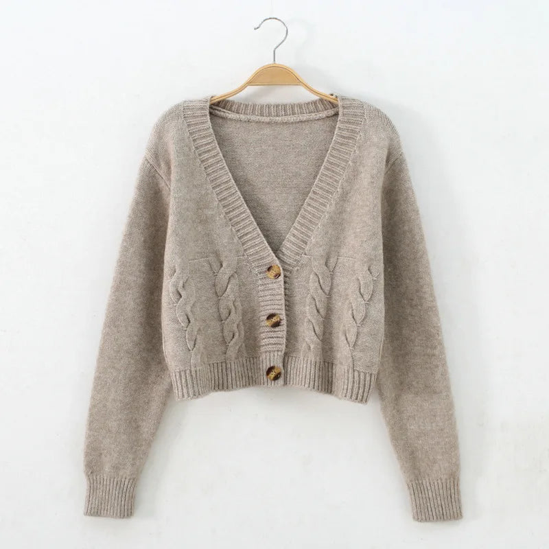 CITSLX V Neck Cropped Cardigan Women Long Sleeve Twist Knitted Sweater Coats Autumn Winter Keep Warm Korean Fashion Jacket Cardigan