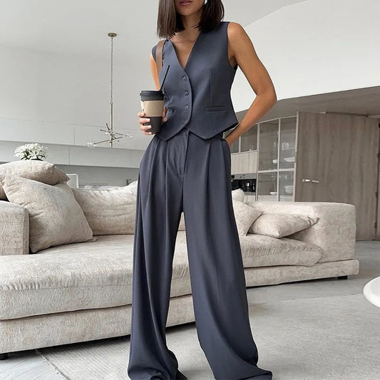 CITSLX V-neck Sleeveless Vest Drape Wide Leg Trousers Casual Suit Pants Pant Sets for Women 2 Pieces Elegant Women's Sets Suits