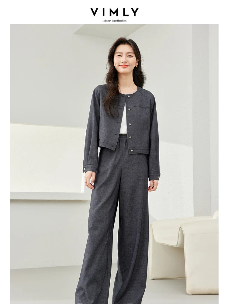 CITSLX VIMLY Women's Two Piece Set Autumn Long Sleeve Cardigan Jacket+Elastic Waist Pants Commuter Style Casual Simple Workwear Suit