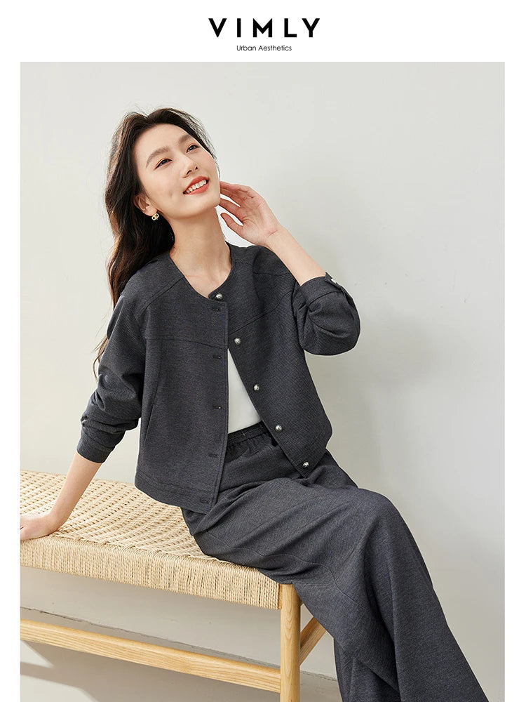 CITSLX VIMLY Women's Two Piece Set Autumn Long Sleeve Cardigan Jacket+Elastic Waist Pants Commuter Style Casual Simple Workwear Suit