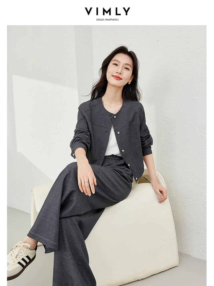 CITSLX VIMLY Women's Two Piece Set Autumn Long Sleeve Cardigan Jacket+Elastic Waist Pants Commuter Style Casual Simple Workwear Suit