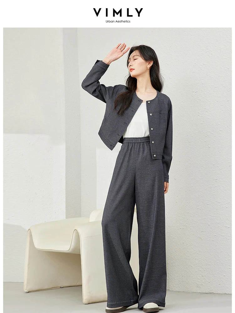 CITSLX VIMLY Women's Two Piece Set Autumn Long Sleeve Cardigan Jacket+Elastic Waist Pants Commuter Style Casual Simple Workwear Suit