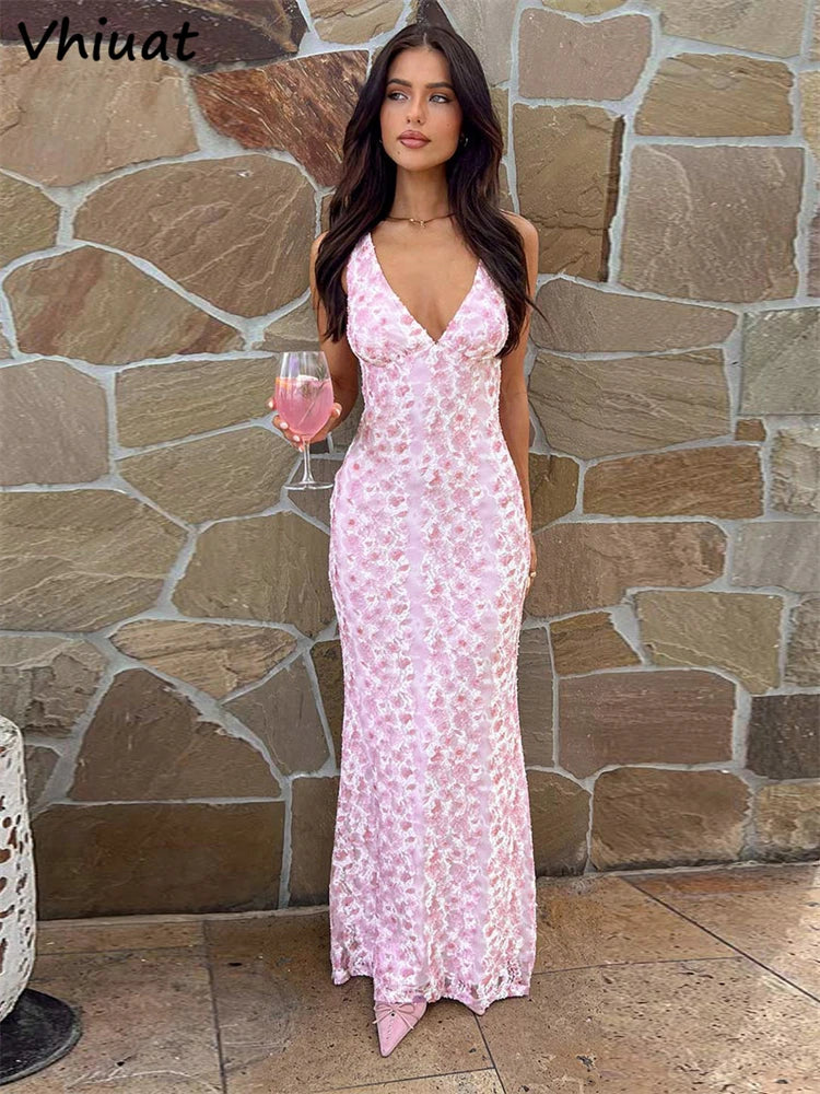 CITSLX Vhiuat Women Floral Print Sleeveless Off Shoulder Lace Slim Long Dresses Club Party Solid V Neck Backless Summer Maxi Dress 2024