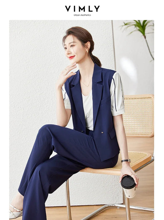 CITSLX Vimly Office Ladies Chic and Elegant Woman Wide Leg Suit Pants Set Patchwork Short Sleeve Blazers Suit 2024 Women Summer Outfits