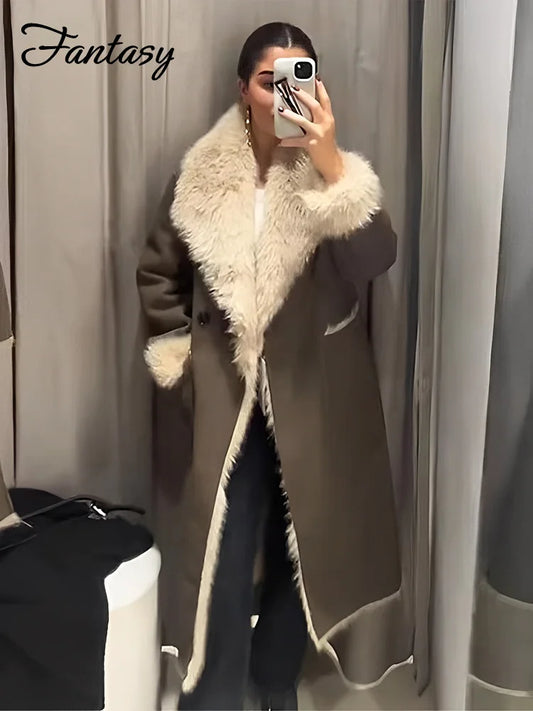 CITSLX Vintage Fur Leather Long Jackets Women Casual Lapel Big Pockets Thicken Warm Coats Female 2025 Winter Chic Loose Outwears Lady