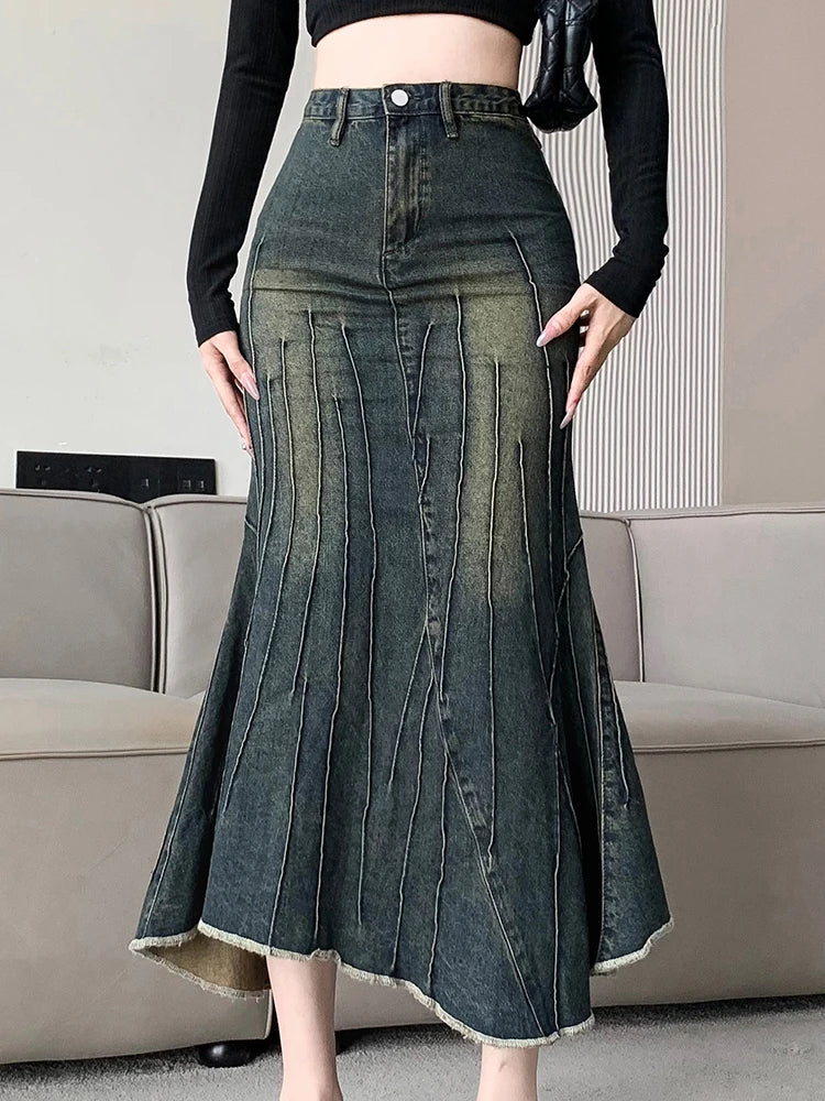 CITSLX Vintage Ripped Women Mermaid Skirt 2024 New Fashion Y2K Streetwear Jeans Skirts Female Retro Casual Irregular Hip Skirts Denim