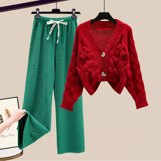 CITSLX Vintage Solid Wide Leg Pant Set Casual Red Sweater Cardigan Womens 2 Piece Outfit Set Matching Knit Long Sleeve Top Trousers Set