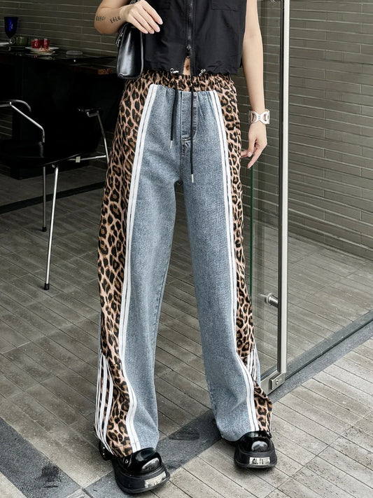 CITSLX Vintage Street Leopard Print Wide Leg Pants Splicing High Waist Jeans Women 2024 Summer Loose Elastic Casual Trousers Streetwear