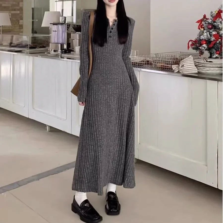 CITSLX Vintage Versatile Knitted Long Sleeve Dress Women's Slimming A- line Skirt Autumn/winter Waist-fitted Long Dress