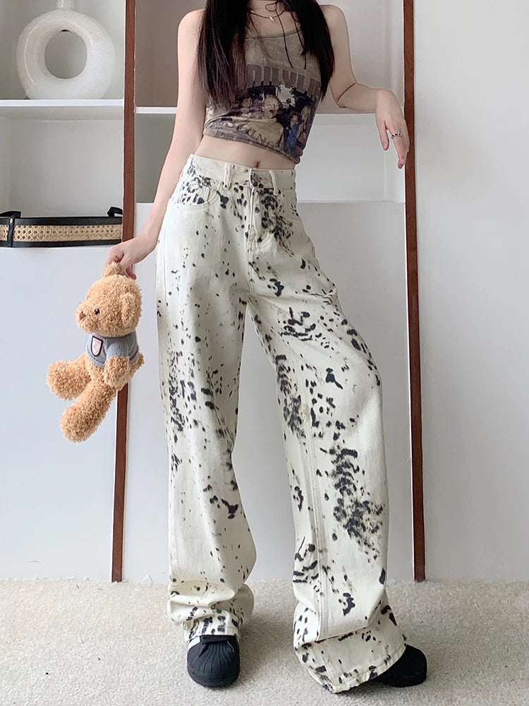 CITSLX WCFCX STUDIO American Retro Trendy Leopard Print Jeans Women's High Street Straight Trousers Harajuku Style Baggy Casual Pants