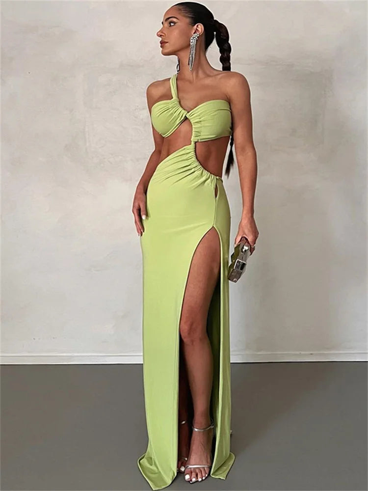 CITSLX WJFZQM Sexy One Shoulder Sleeveless Slit Ruched Backless Bodycon Dress Elegant Green Party Pleated Long Dress Women 2024 Summer