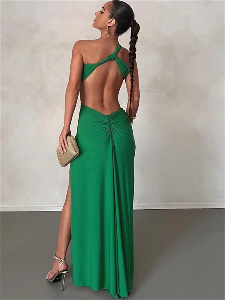 CITSLX WJFZQM Sexy One Shoulder Sleeveless Slit Ruched Backless Bodycon Dress Elegant Green Party Pleated Long Dress Women 2024 Summer