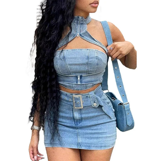 CITSLX ashed Denim Women 2 Piece Set Sleeveless Halter Neck Crop Top High Waist Skinny Mini Skirts Matching Set 2024 Summer Outfits