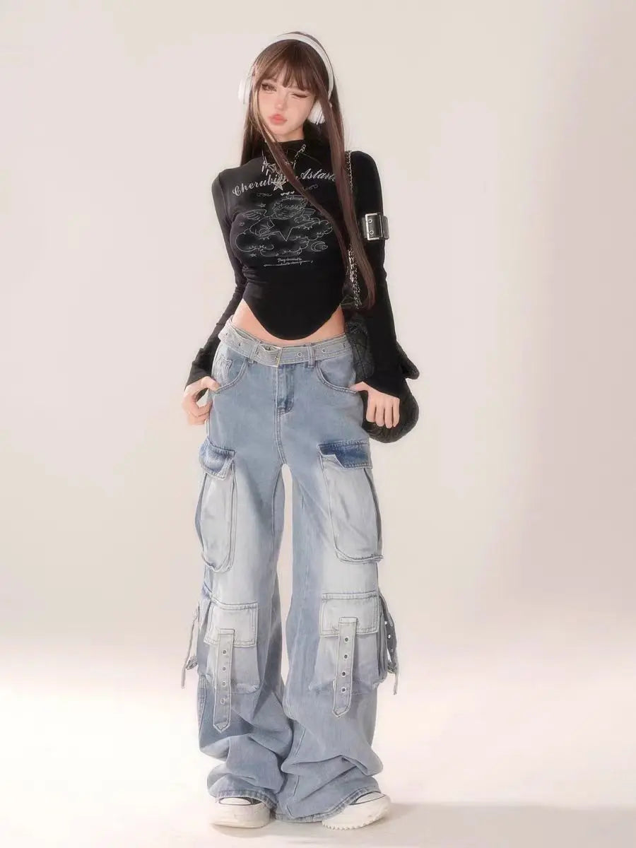 CITSLX Washed Multi-pocket Wide-leg Jeans for Women American Retro Fashion Street Overalls Harajuku Y2k Hot Girl Floor-length Pants