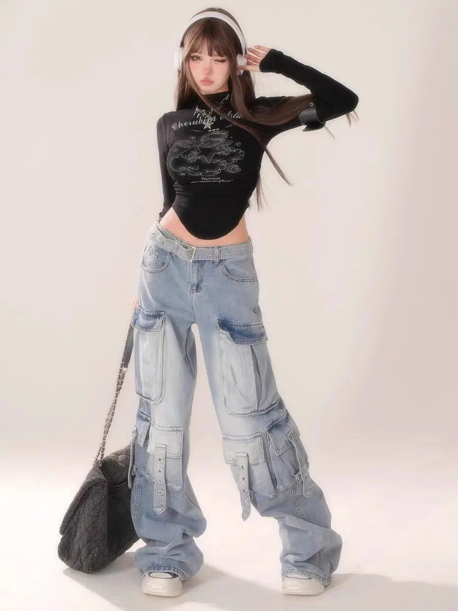 CITSLX Washed Multi-pocket Wide-leg Jeans for Women American Retro Fashion Street Overalls Harajuku Y2k Hot Girl Floor-length Pants