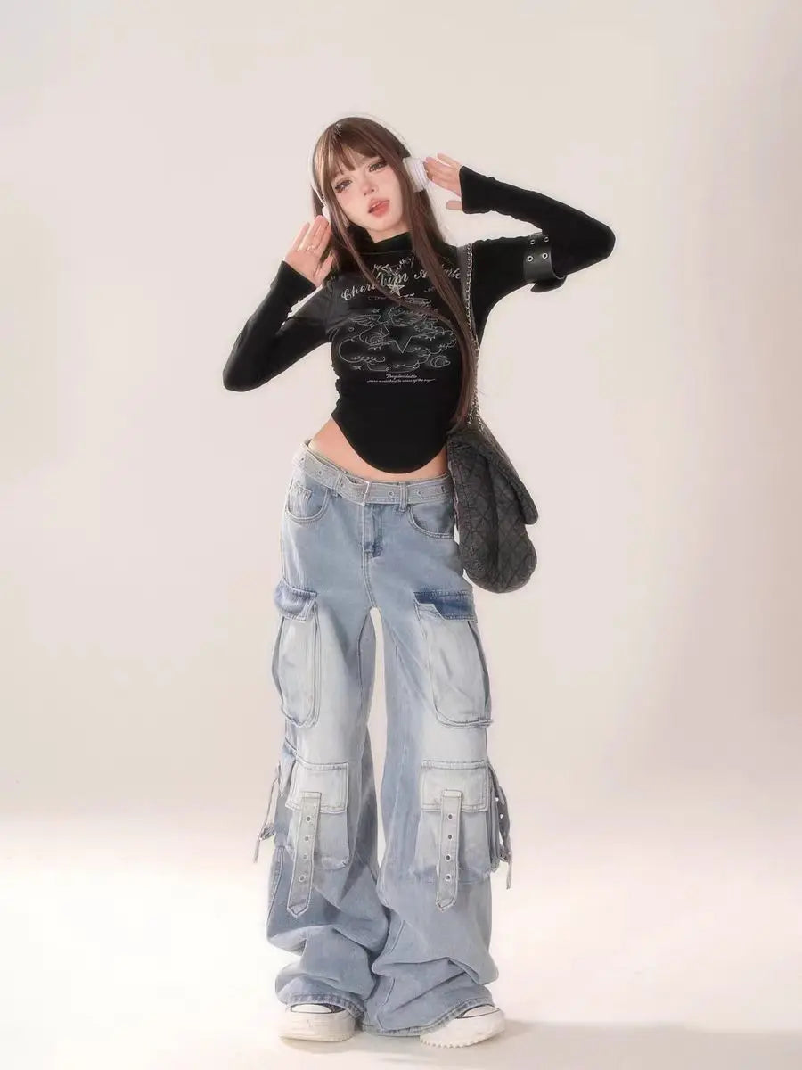 CITSLX Washed Multi-pocket Wide-leg Jeans for Women American Retro Fashion Street Overalls Harajuku Y2k Hot Girl Floor-length Pants