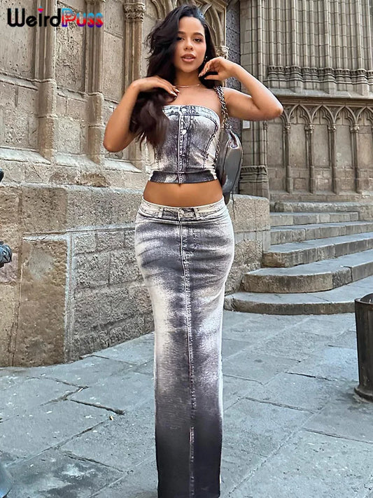 CITSLX Weird Puss Fake Denim Print Women 2 Piece Set Skinny Chic Hipster Strapless Tops+Maxi Skirts Matching Casual Streetwear Outfits