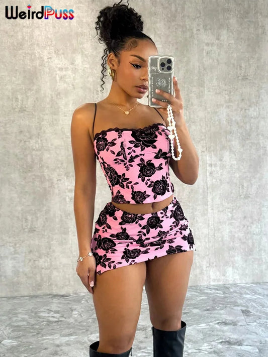 CITSLX Weird Puss Flower Print Women 2 Piece Set Elegant Summer Trend Lace Bow Camisole+Peach Hip Skirts Matching Streetwear Outfits