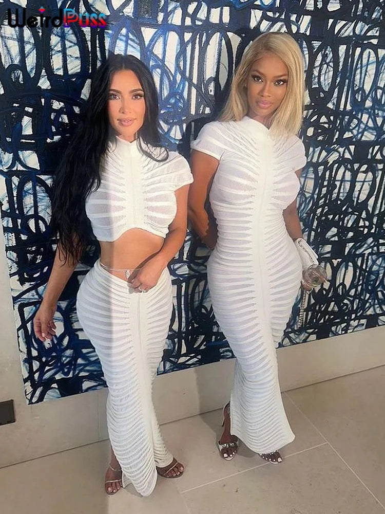 CITSLX Weird Puss Knit Women Tracksuit 2 Piece Set Striped Stretch See Through Shorts Sleeve Crop Tops+Maxi Skirts Matching Streetwear