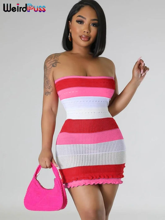 CITSLX Weird Puss Knit Women Tube Dress Elegant Summer Patchwork Striped Ruffles Hem Skinny Stretch Bodycon Street Vacation Clubwear