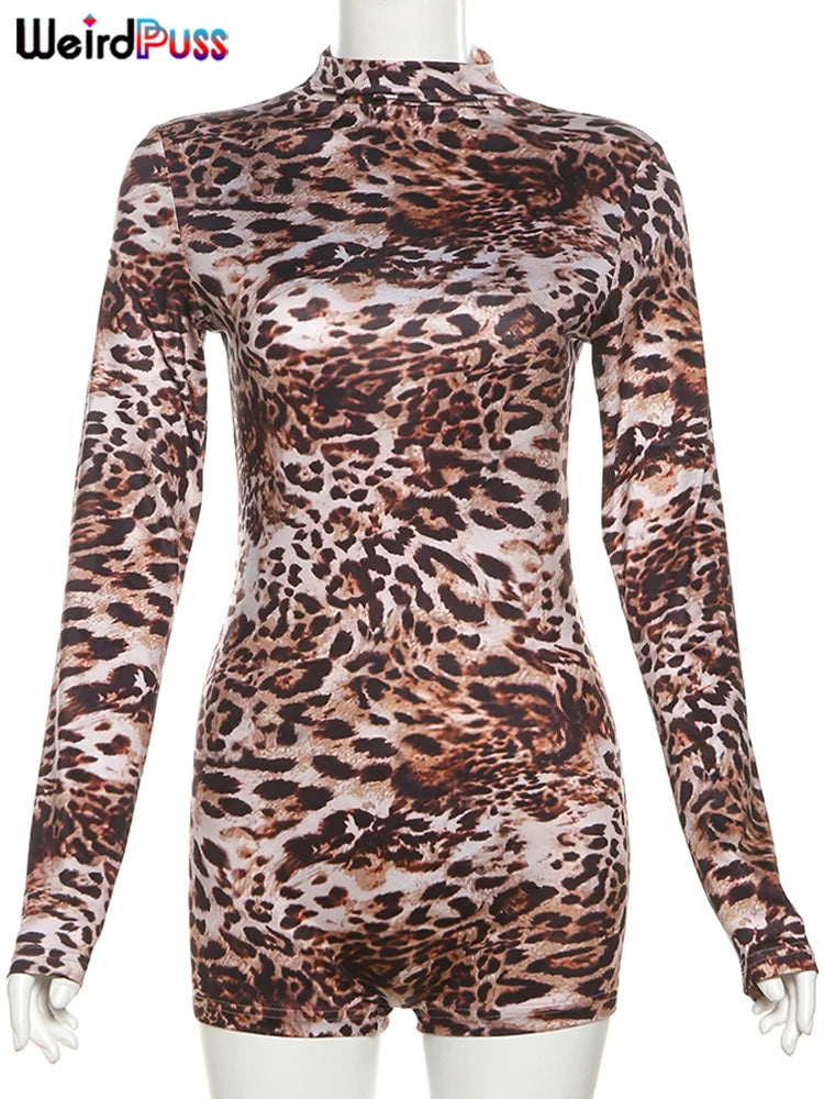 CITSLX Weird Puss Leopard Print Romper Women 2025 Autumn Trend Hipster Long Sleeve O-Neck Skinny Stretch Streetwear Sexy Playsuits