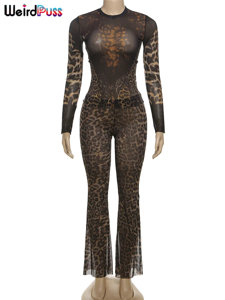 CITSLX Weird Puss Leopard Print Sexy 2Piece Set Women See Through Midnight Full Sleeve Crop Tops+Pants Matching Clubwear Skinny Outfits