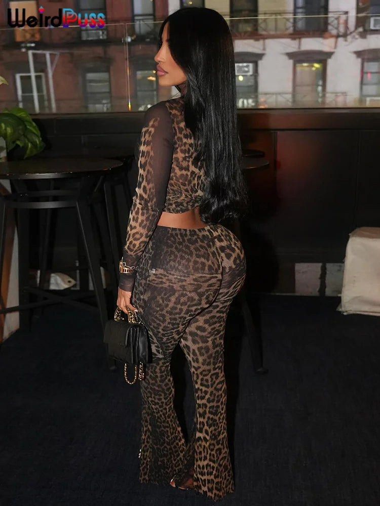 CITSLX Weird Puss Leopard Print Sexy 2Piece Set Women See Through Midnight Full Sleeve Crop Tops+Pants Matching Clubwear Skinny Outfits