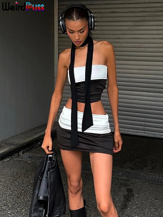 CITSLX Weird Puss Patchwork Black White 2 Piece Set Women Elegant Sexy Strapless Tops+Mini Skirts Matching Hot Girls Streetwear Outfits