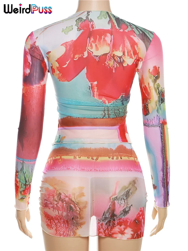 CITSLX Weird Puss See Through Women 2 Piece Set Summer Thin Aesthetic Print Long Sleeve Crop Tops+Shirring Mini Skirts Matching Outfits