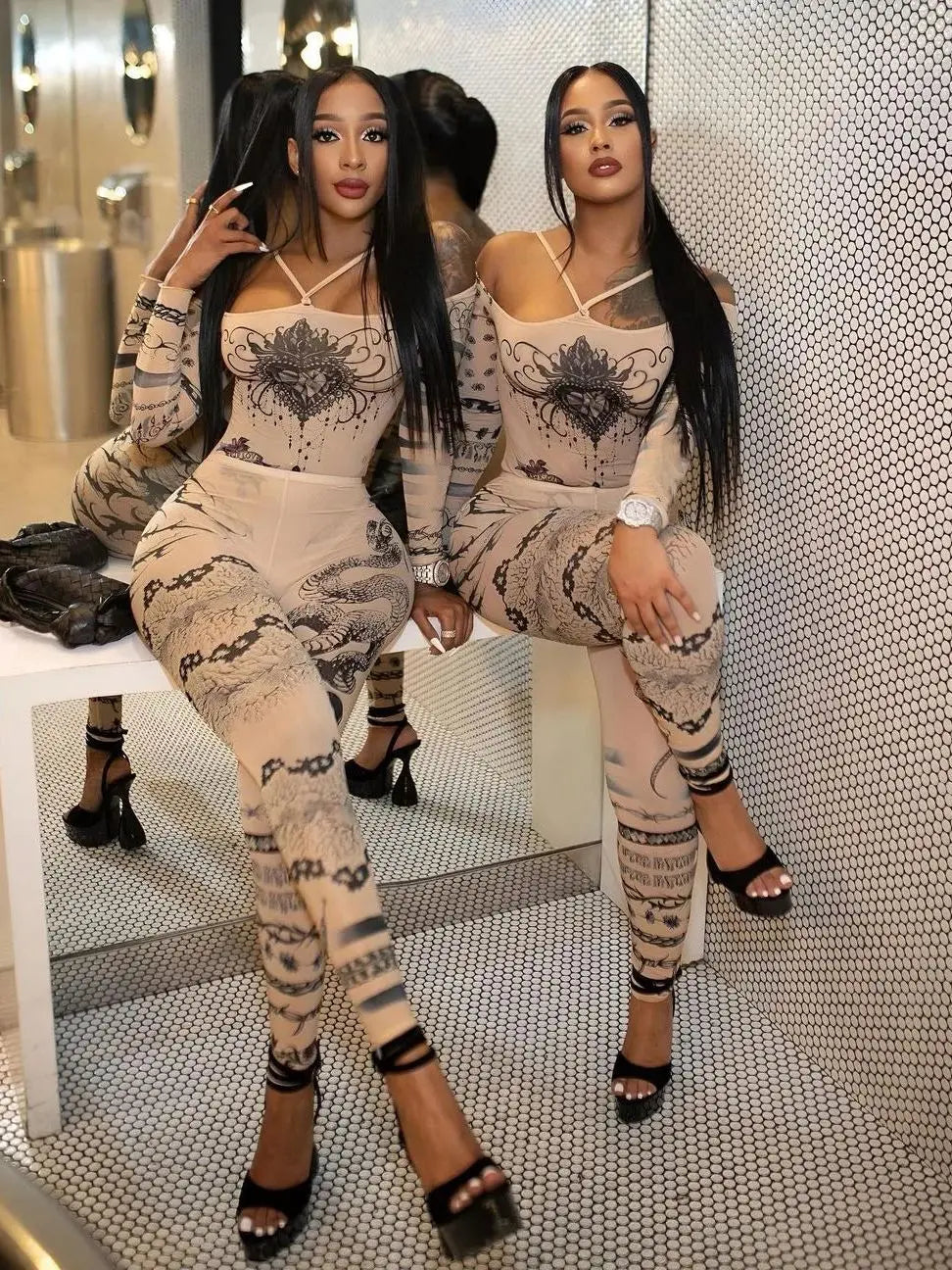 CITSLX eird Puss Sexy See Through Women 2 Piece Set Fashion Heart Print Slash Neck Bodysuit+Leggings Matching Midnight Clubwear Suit