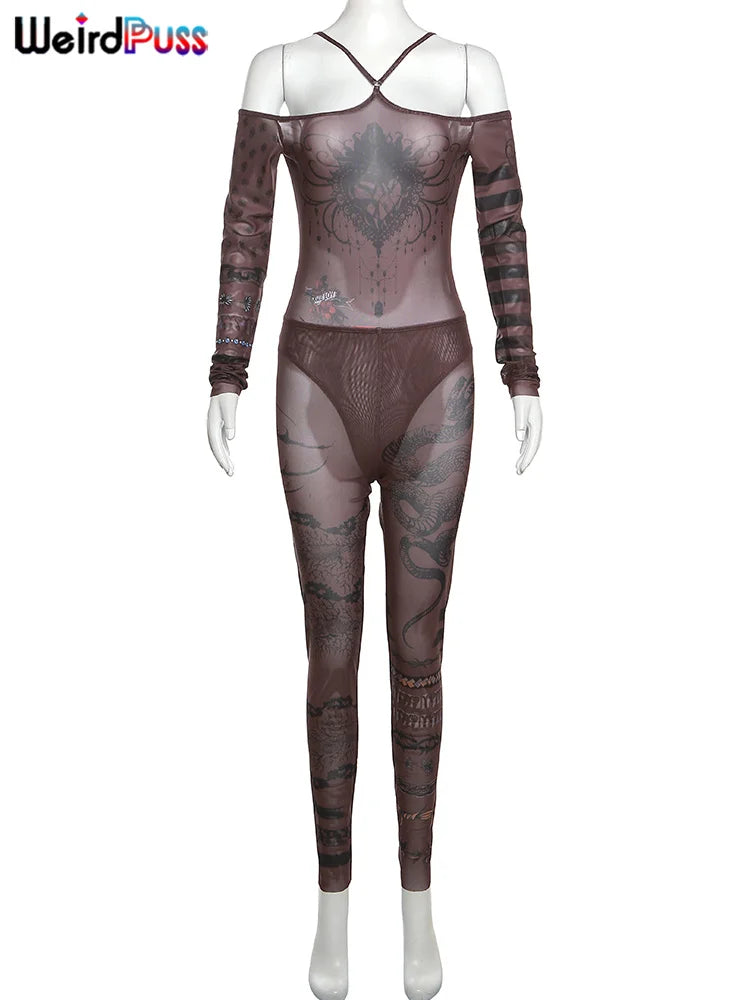 CITSLX eird Puss Sexy See Through Women 2 Piece Set Fashion Heart Print Slash Neck Bodysuit+Leggings Matching Midnight Clubwear Suit