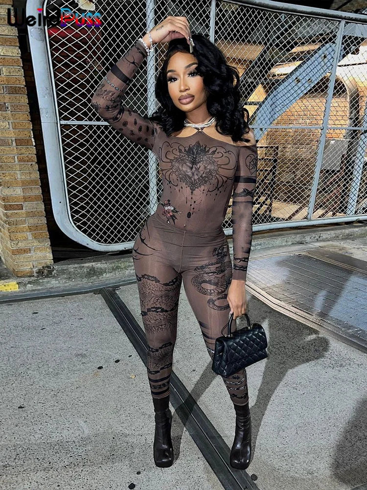 CITSLX eird Puss Sexy See Through Women 2 Piece Set Fashion Heart Print Slash Neck Bodysuit+Leggings Matching Midnight Clubwear Suit