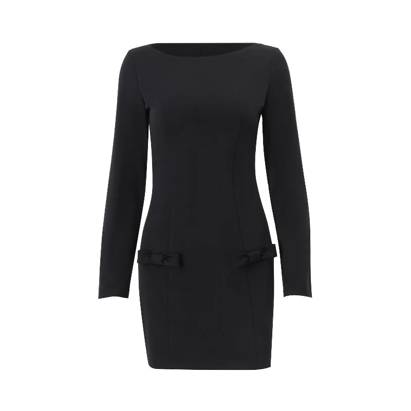 CITSLX WhereMery Elegant Women's Slim Mini Dresses O-neck Long Sleeve High-waist Bow Solid Bodycon Dress Autumn Casual Chic Vestidos