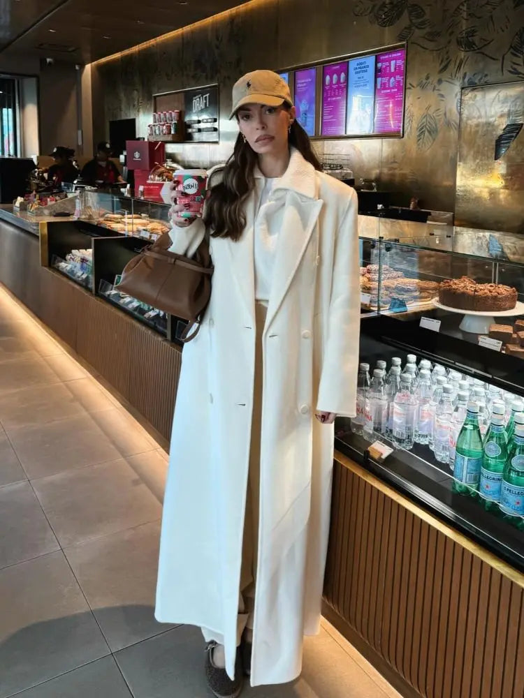 CITSLX White Elegant Flip Collar Double Breasted Long Coat Fashion Full Sleeves Pocket Overcoat New Fall Female High Street Outerwear