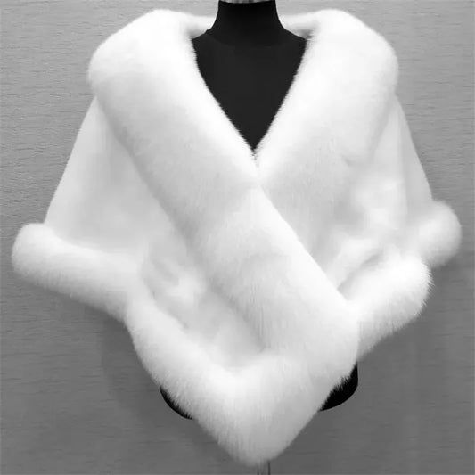 CITSLX White Fur Shawl Jacket Women's 2024 Autumn Winter New Faux Mink Fox Fur Dress Cheongsam Cloak Coats Thicken Warm Short Outwear