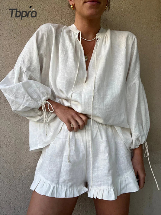 CITSLX White Linen Ruffles Shorts Sets For Women Fashion Casual V Neck Puff Sleeve Shirts Suits 2024 Summer New Female Vocation Outfits